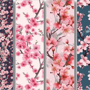 Pu&ograve; includere: Quattro motivi senza cuciture con fiori di ciliegio rosa su sfondi di colori diversi. I motivi sono perfetti per tessuti, carta da parati o altri progetti di design.