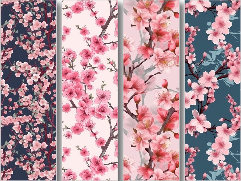 Pu&ograve; includere: Quattro motivi senza cuciture con fiori di ciliegio rosa su sfondi di colori diversi. I motivi sono perfetti per tessuti, carta da parati o altri progetti di design.