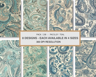 Conjunto de estampados paisley color verde azulado, diseños de impresión sin costuras (descarga digital)