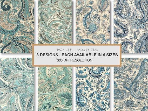 Teal Paisley Pattern Set, Seamless Print Designs (Digital Download)