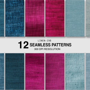 May include: Twelve seamless patterns featuring various shades of blue, teal, and pink linen textures. The patterns are 300 DPI resolution and are labelled "LINEN-198".
