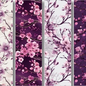 Pu&ograve; includere: Quattro motivi senza cuciture con fiori di ciliegio rosa e viola su uno sfondo bianco e viola. I motivi sono perfetti per tessuti, carta da parati o altri progetti di design.