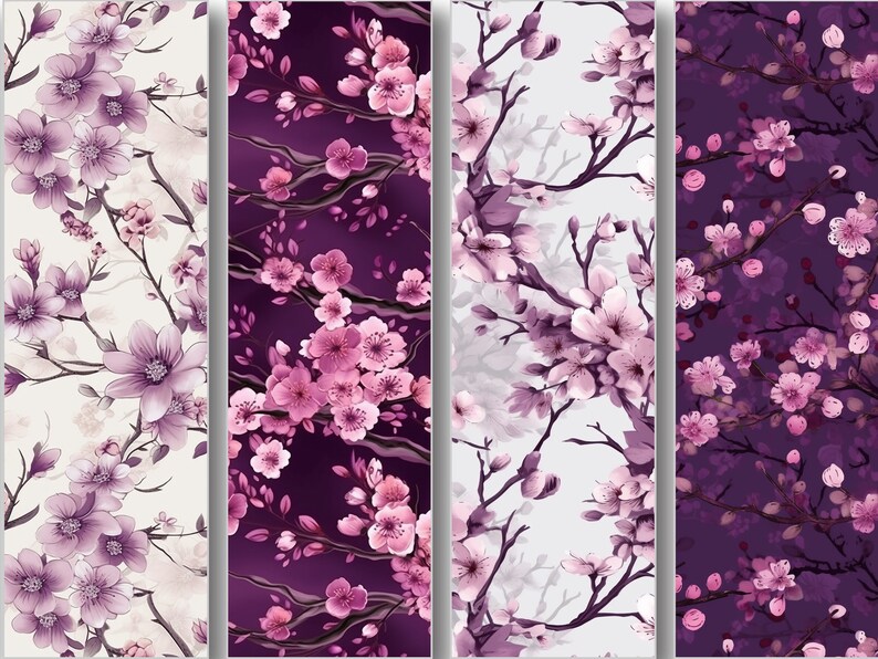 Pu&ograve; includere: Quattro motivi senza cuciture con fiori di ciliegio rosa e viola su uno sfondo bianco e viola. I motivi sono perfetti per tessuti, carta da parati o altri progetti di design.