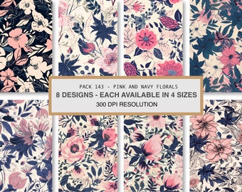 Patrón floral sin costuras rosa y azul marino, uso comercial (digital)