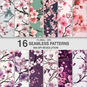 May include: A collection of 16 seamless floral patterns featuring pink and white cherry blossoms on various backgrounds, including green, blue, and purple. The patterns are 300 DPI resolution and are perfect for digital printing and crafting projects.