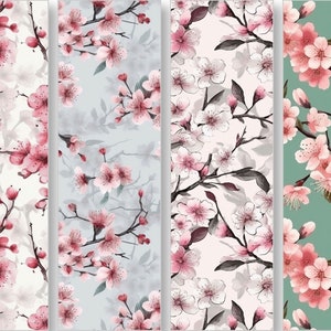 Pu&ograve; includere: Quattro motivi senza cuciture con fiori di ciliegio rosa e bianchi su sfondi di diversi colori. I motivi sono perfetti per tessuti, carta da parati o altri progetti di design.