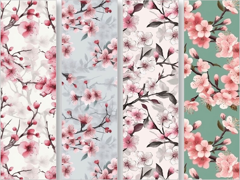 Pu&ograve; includere: Quattro motivi senza cuciture con fiori di ciliegio rosa e bianchi su sfondi di diversi colori. I motivi sono perfetti per tessuti, carta da parati o altri progetti di design.