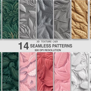 May include: 14 seamless patterns featuring 3D textured leaves in various colors, including green, gray, beige, pink, and white.  3D Texture - 269, 300 DPI Resolution.