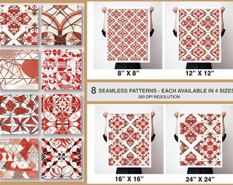Conjunto de patrones sin costuras de azulejos rojos, telas y decoración (descarga digital)