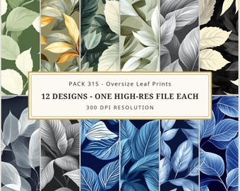 Oversize Leaf Seamless Pattern, Botanical Digital Paper Bundle, 12 Foliage Repeating Patterns, Fabric Scrapbook Wallpaper, Commercial Use