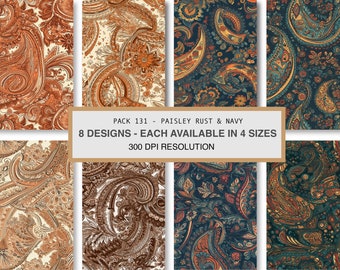 Patrón sin costuras Paisley color óxido y azul marino, impresión bajo demanda (descarga digital)