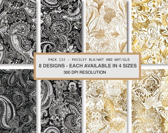Estampado Paisley sin costuras, negro, blanco y dorado (descarga digital)