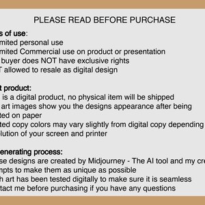 Puede incluir: Texto sobre un fondo beige con el encabezado "POR FAVOR, LEA ANTES DE COMPRAR". El texto enumera los t&eacute;rminos de uso, informaci&oacute;n sobre el producto y el proceso de generaci&oacute;n de arte. El texto incluye informaci&oacute;n sobre el uso del producto, el hecho de que es un producto digital y c&oacute;mo se genera el arte.