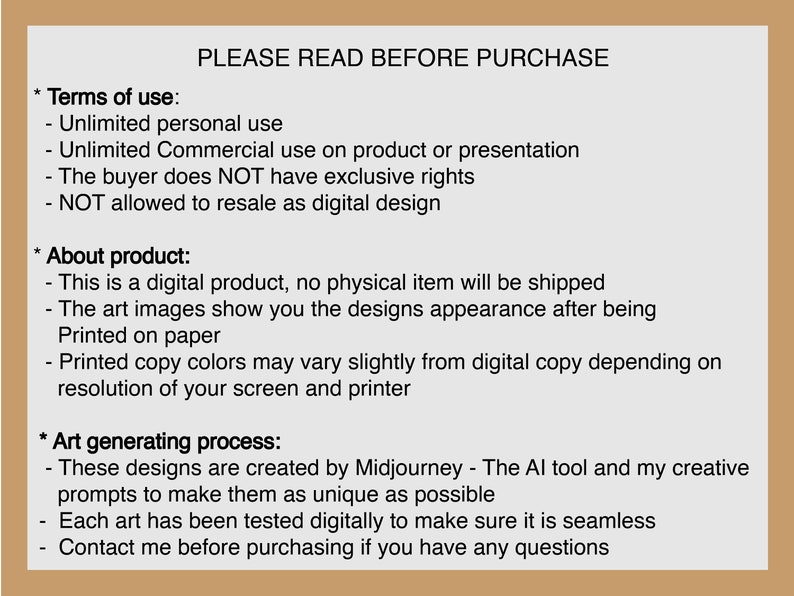 Puede incluir: Texto sobre un fondo beige con el encabezado "POR FAVOR, LEA ANTES DE COMPRAR". El texto enumera los t&eacute;rminos de uso, informaci&oacute;n sobre el producto y el proceso de generaci&oacute;n de arte. El texto incluye informaci&oacute;n sobre el uso del producto, el hecho de que es un producto digital y c&oacute;mo se genera el arte.
