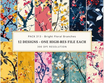 Bright Floral Seamless Pattern, Colorful Botanical Digital Paper Bundle, 12 Repeating Patterns, Fabric Scrapbook Wallpaper, Commercial Use