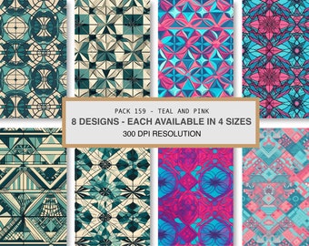 Patrones geométricos sin costuras en tonos verde azulado y rosa, para uso comercial (descarga digital).