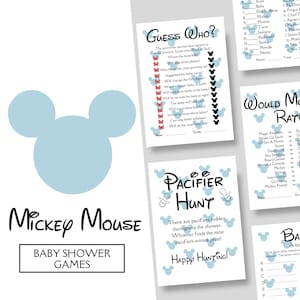 Zestaw gier na baby shower inspirowanych motywem Myszki Miki i Myszki Minnie | 7 cyfrowych materiałów do druku dla chłopców | Baby Shower dla chłopców | Pobieranie cyfrowe | DBS-116