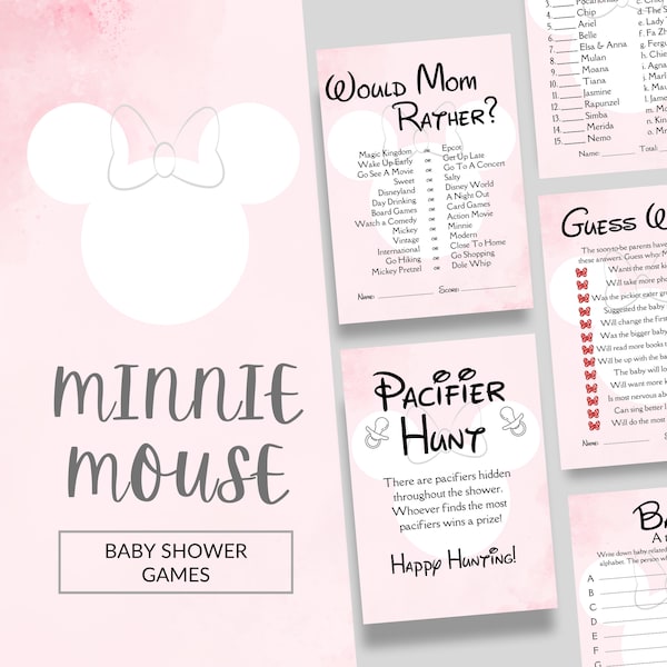 Minnie Themed Pink Baby Shower Games Bundle / Baby Shower Games / 8 Games Included / Digital Download / DBS-105