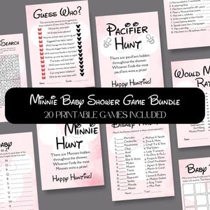 Gry na Baby Shower z motywem Myszki Minnie w kolorze różowym | 20 gier w zestawie | Dziewczynka | Gry na Baby Shower inspirowane Disneyem | Pobieranie cyfrowe | MINNIE