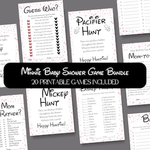 May include: A set of printable baby shower games featuring a Minnie Mouse theme. The games include "Guess Who?", "Pacifier Hunt", "Mickey Hunt", "Mom Rather?", and "Disney Character Parent Match". The games are designed with pink and white polka dots and feature Mickey Mouse and Minnie Mouse icons.