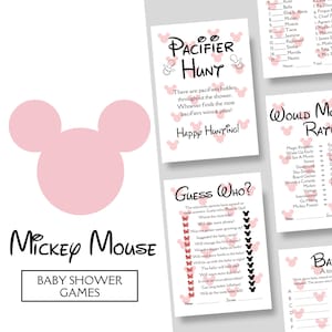 Zestaw gier na baby shower Mickey & Minnie | 7 cyfrowych materiałów do druku na imprezę w stylu Disneya | Pobieranie cyfrowe | DBS-106
