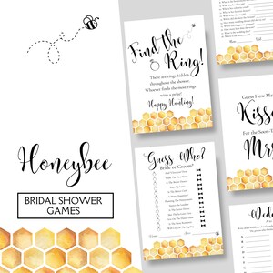 May include: Honeybee bridal shower game cards with a honeycomb pattern. The cards include games like "Find the Ring!" and "Guess Who? Bride or Groom?"