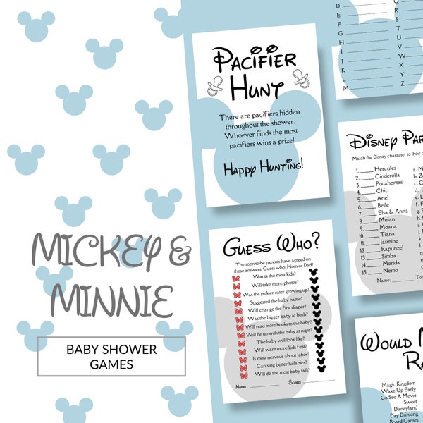 Bundle de jeux de baby shower bleu sur le thème de Mickey Minnie / jeux de baby shower / 7 jeux inclus / téléchargement numérique / DBS-107