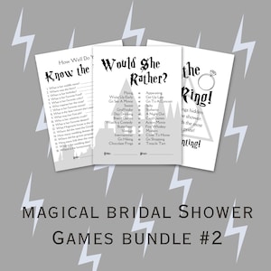 May include: Three printable bridal shower game cards with a magical theme. The first card is titled "How Well Do You Know the Bride?" and has a list of questions about the bride. The second card is titled "Would She Rather?" and has a list of choices for the bride to choose from. The third card is titled "Find the Ring!" and has a ring with a diamond in the center.