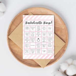 Juego de bingo de despedida de soltera con rayas rosas y blancas / PDF imprimible de 5x7 para actividades divertidas para la fiesta nupcial / Descarga instantánea en PDF / LUCY