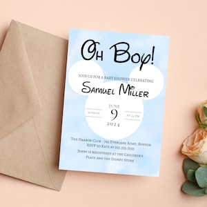 Puede incluir: Una invitación de baby shower azul y blanca con un diseño de orejas de Mickey Mouse. La invitación dice "Oh Boy!" e incluye el nombre "Samuel Miller" y la fecha "9 de junio de 2024".