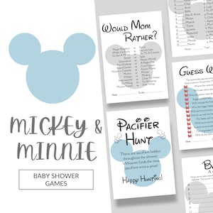 Zestaw gier na baby shower Mickey & Minnie Blue | 7 cyfrowych materiałów do druku na imprezę w stylu Disneya | Pobieranie cyfrowe | DBS-101