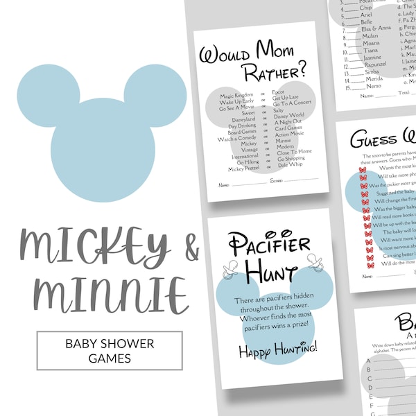 May include: A set of printable baby shower games featuring Mickey Mouse and Minnie Mouse. The games include "Would Mom Rather?", "Guess Who", "Pacifier Hunt", and "Baby Alphabet".