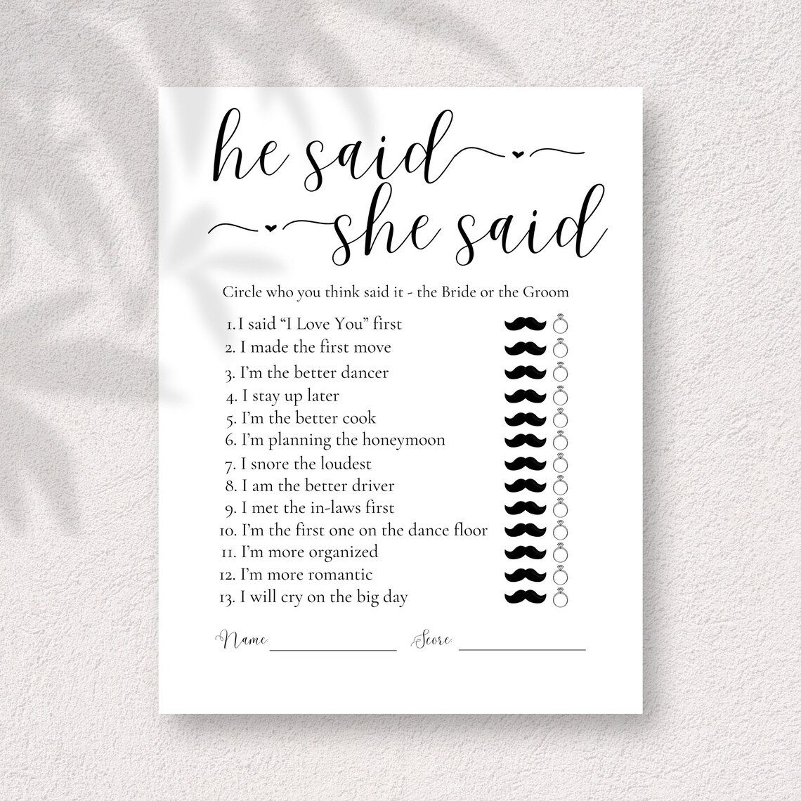 He Said She Said Bridal Shower Game / Small Heart / Minimalist Bridal