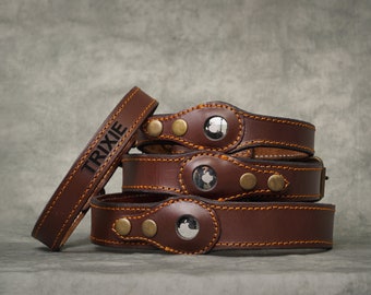 Personalized handcrafted genuine leather dog collar with Airtag pouch