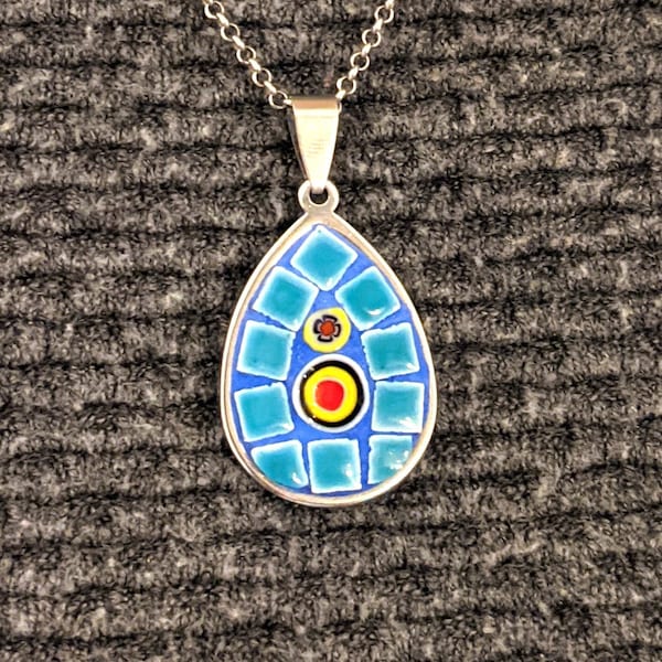 Collier, pendentif mosaïque pour femme avec chaîne en argent massif sterling 925 (Millefiori, micro mosaïque)