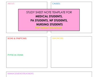 Plantilla de hoja de estudio médico / Descarga PDF / Estudiantes de medicina, estudiantes de asistente médico, estudiantes de enfermería practicante, estudiantes de enfermería