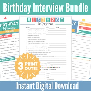 Kids Birthday Interview Printable 3-Pack Bundle, Child Birthday Interview, Birthday Questionnaire for Kids
