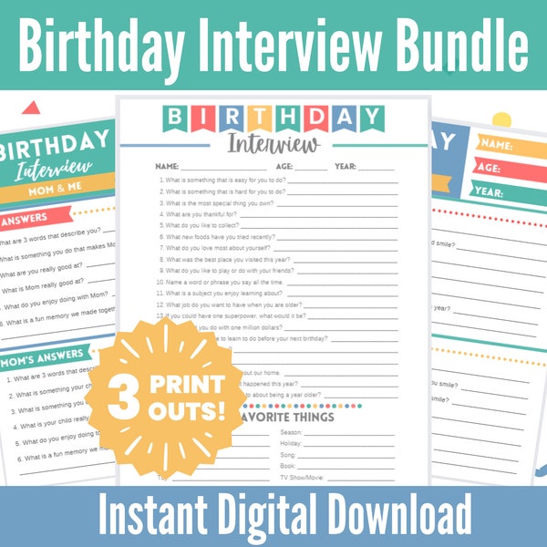 Kids Birthday Interview Printable 3-Pack Bundle, Child Birthday Interview, Birthday Questionnaire for Kids
