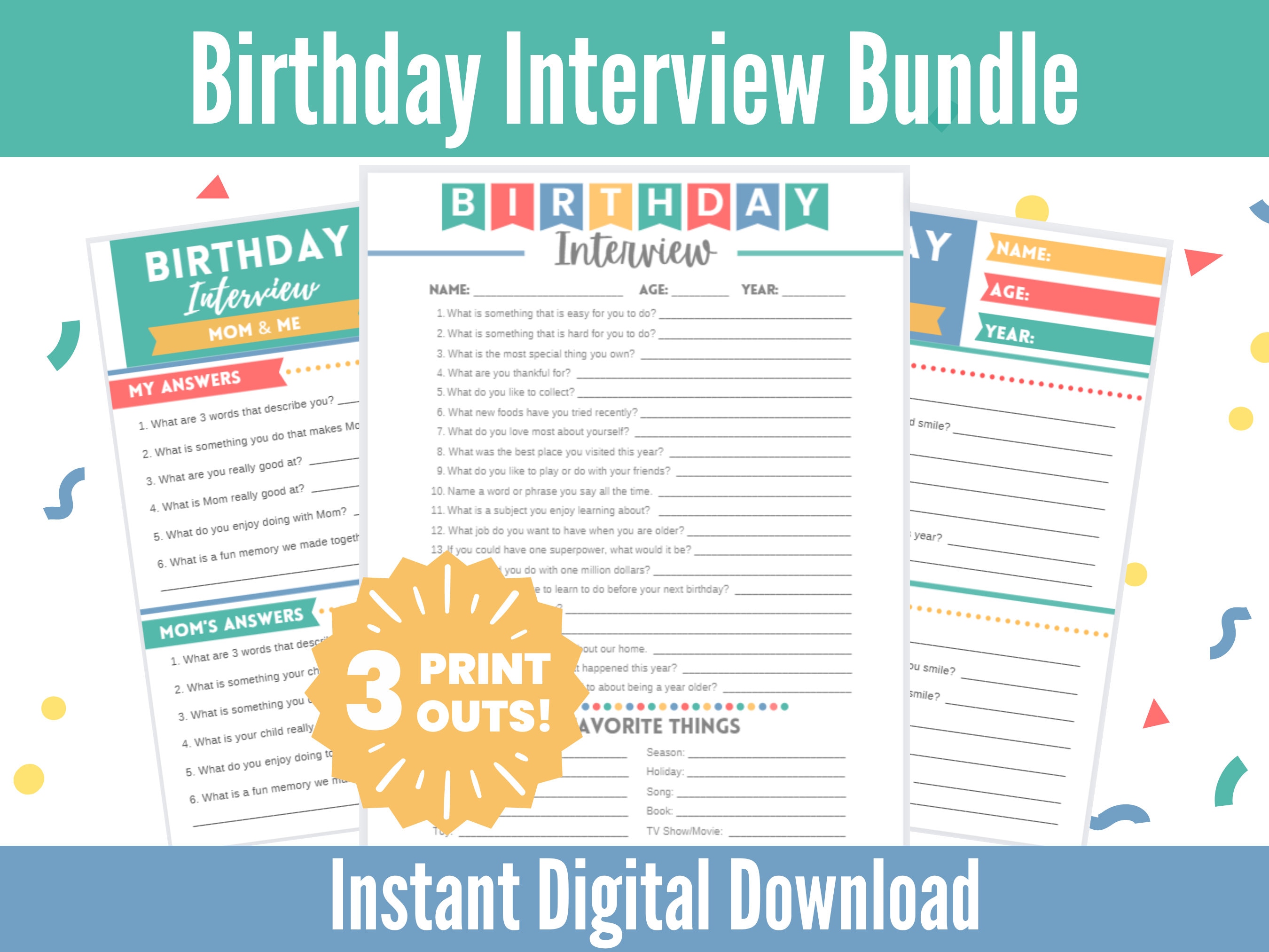 Kids Birthday Interview Printable 3-Pack Bundle, Child Birthday Interview, Birthday Questionnaire for Kids