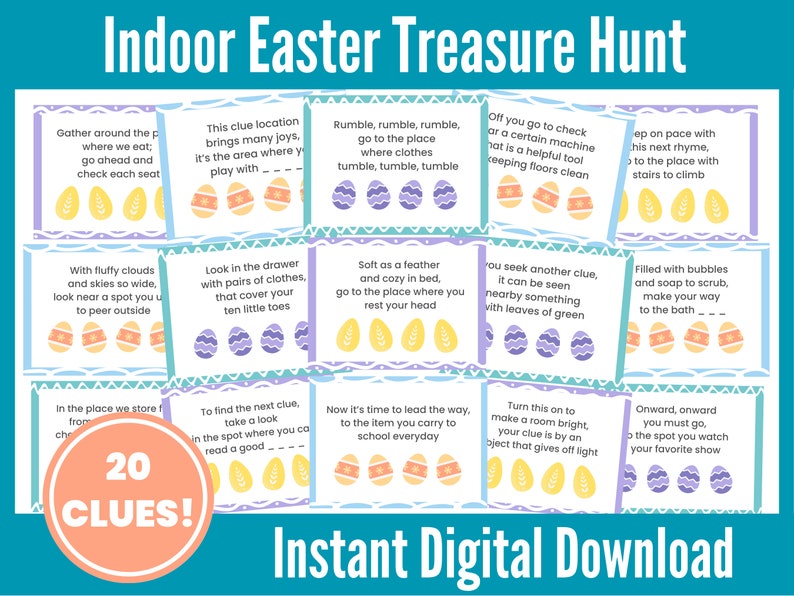 Printable Easter Treasure Hunt For Kids Indoor Easter Scavenger Hunt Clues Riddles image 1