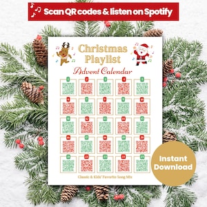 Può includere: Un calendario dell'Avvento della playlist natalizia con codici QR per Spotify. Il calendario presenta una griglia di quadrati rossi e verdi, ciascuno con un numero e un codice QR. Sono incluse illustrazioni festive di una renna e di Babbo Natale.