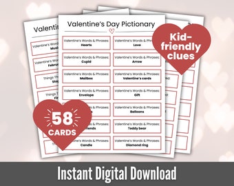 Printable Valentine’s Day Pictionary for Kids | 58 Cards | Valentine’s Day Printable Games | Valentine Day Classroom Party Games