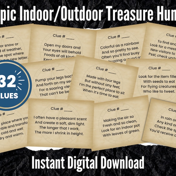 Printable Treasure Hunt For Kids | 32 Indoor & Outdoor Treasure Hunt Clues | Instant Digital Download