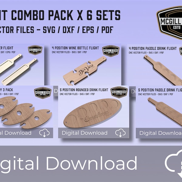 CNC Vector Flight Pack sets x6. 4 and 5 point paddles, 5 point round, Cheese & Cracker, Wine bottle, Wine glass Caddy. SVG DXF download only