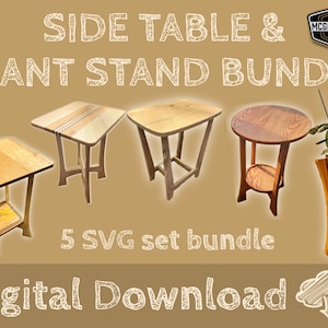Puede incluir: Cinco archivos de corte SVG digitales para construir mesas auxiliares y soportes para plantas. Los diseños incluyen una mesa cuadrada con un estante, una mesa redonda con un estante, una mesa cuadrada con una sola tapa y dos soportes para plantas.
