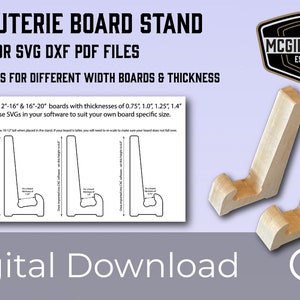 May include: Digital download charcuterie board stand CNC vector files. The image shows two wooden stands and a diagram with dimensions for various board sizes. The text includes "McGill & Sons ESTO 2020" and "Digital Download."