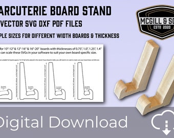 CNC vettoriale SVG dxf pdf. Pacchetto espositore per taglieri di salumi. Include supporti per taglieri di diverse larghezze e spessori. Solo download. Vettore espositore.