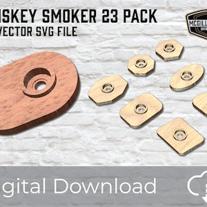 May include: A digital download of 23 SVG files for a whiskey smoker. The files include a large oval-shaped piece with a hole in the center and several smaller pieces in various shapes. The text "WHISKEY SMOKER 23 PACK" and "CNC VECTOR SVG FILE" is at the top of the image. The text "MCGILL & SONS ESTO 2020" is in a circle at the top right of the image. The text "Digital Download" is at the bottom of the image.