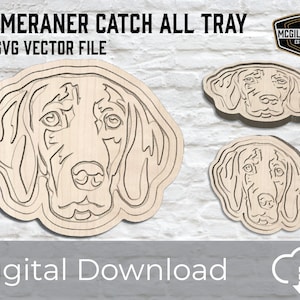 May include: A digital download of a Weimaraner dog head design for a catch-all tray. The design is in a CNC SVG vector file format. The text "McGill & Sons Est 2020" is in a small circle in the upper right corner of the image.