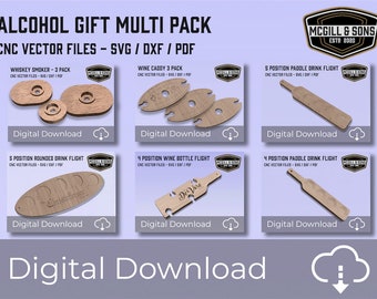 6 set vettoriali CNC! Fumatori di whisky, contenitori per vino, 4 e 5 posizioni, voli per bottiglie di vino. File vettoriali SVG, DXF, pdf - Nessun prodotto fisico